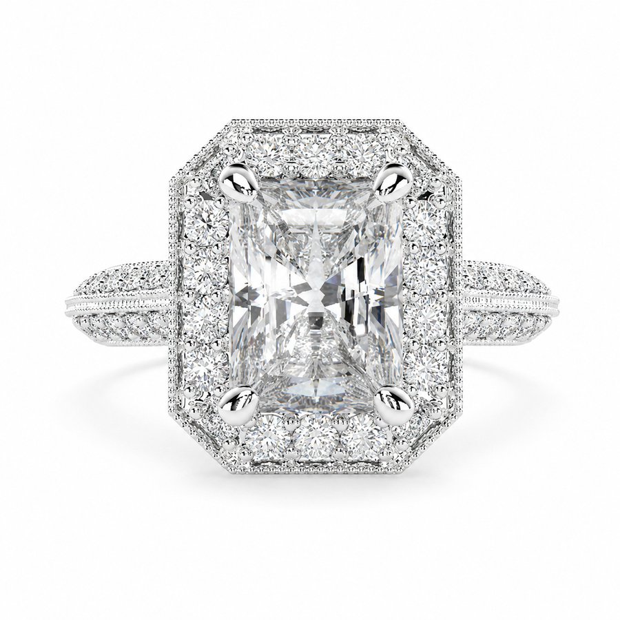 Beatrice 1.45 Carat Radiant Cut Halo Pave Knife Edge Milgrain Engagement Ring