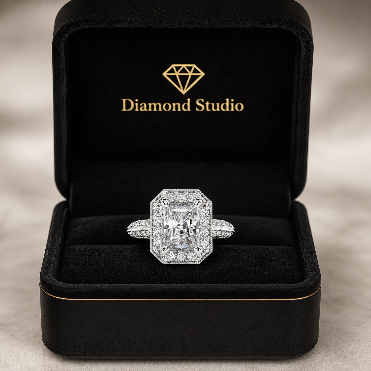 Beatrice 1.45 Carat Radiant Cut Halo Pave Knife Edge Milgrain Engagement Ring