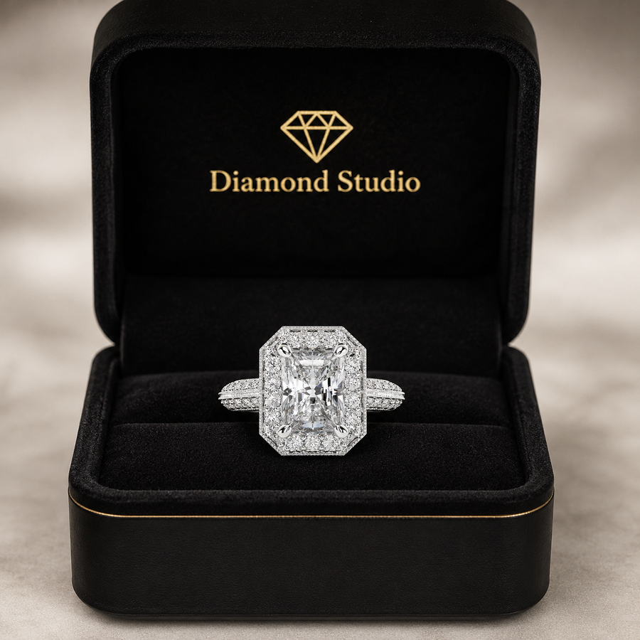 Beatrice 1.45 Carat Radiant Cut Halo Pave Knife Edge Milgrain Engagement Ring
