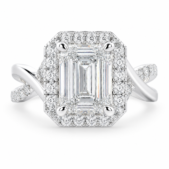VS1 D Lab Grown Diamond Halo Pave Split Shank Emerald Ring