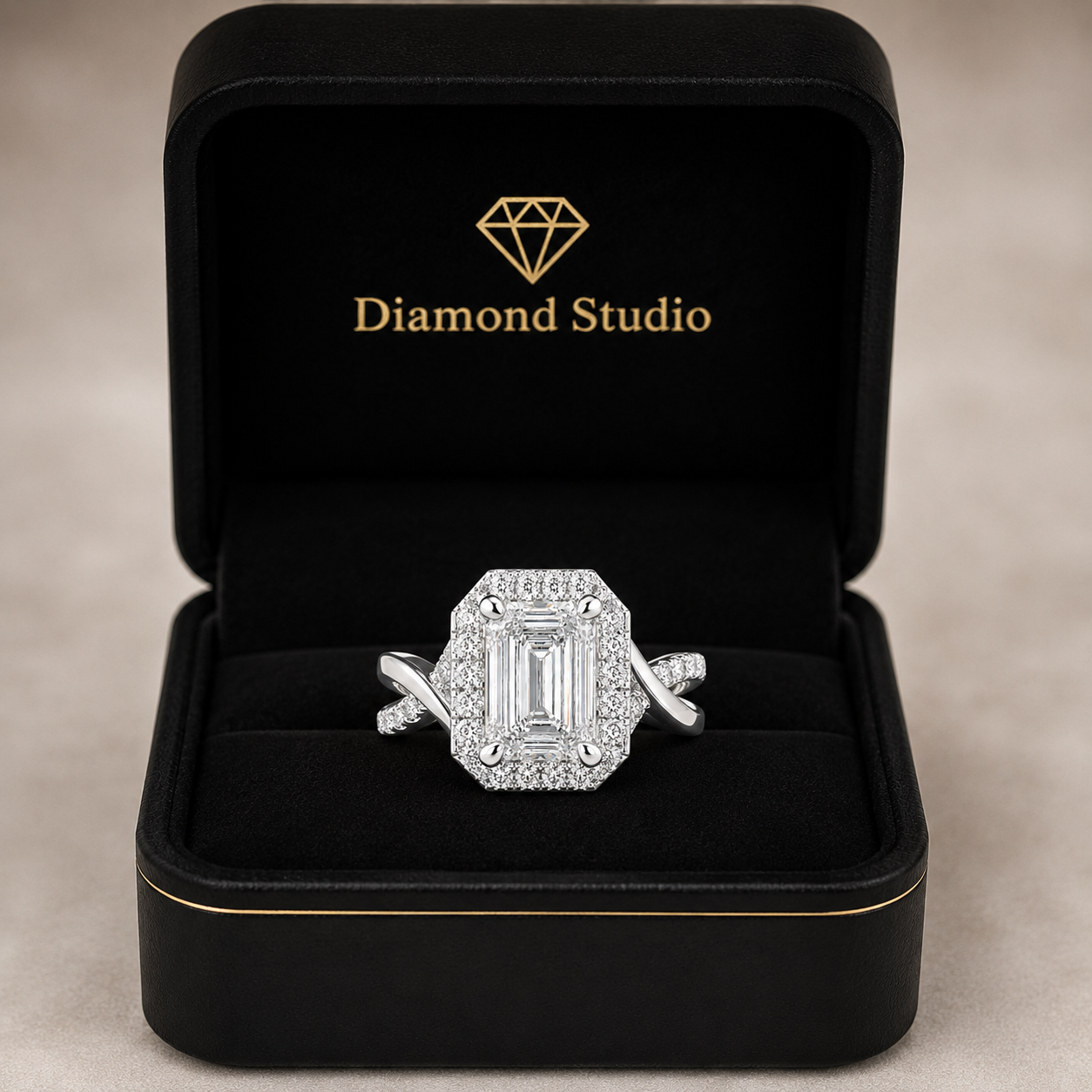 Celestina 3.35 Carat Emerald Cut Halo Pave Split Shank Engagement Ring