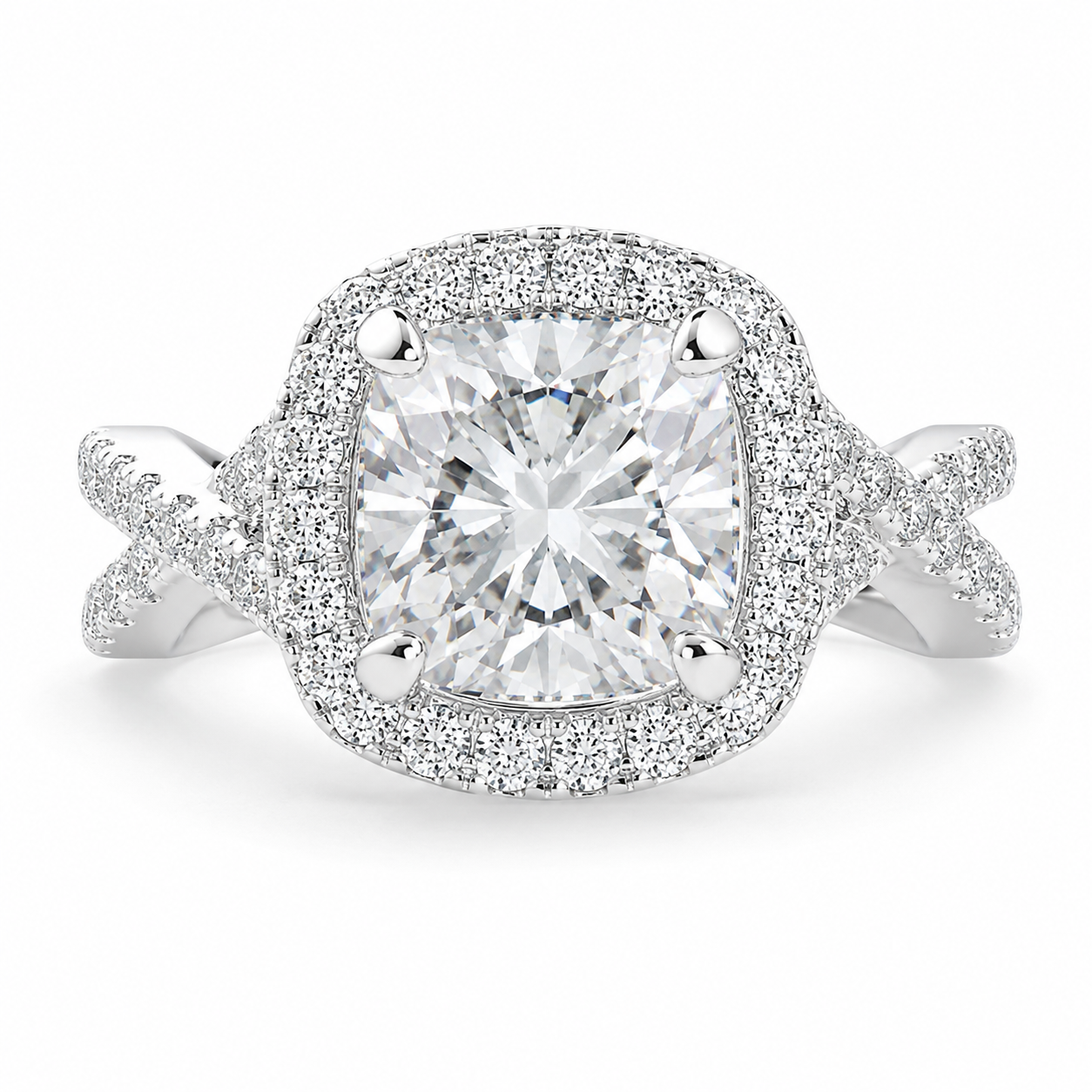 Ophelia 3.35 Carat Cushion Cut Pave Halo Split Shank Engagement Ring