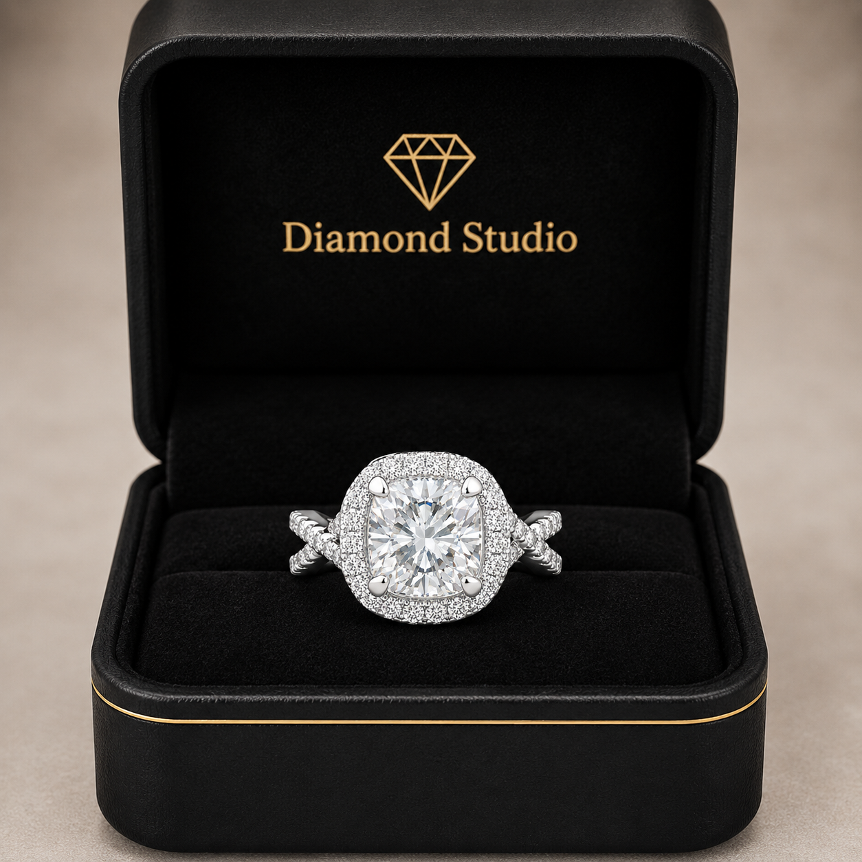Ophelia 3.35 Carat Cushion Cut Pave Halo Split Shank Engagement Ring
