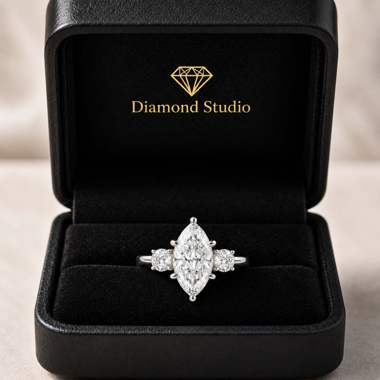 Hana 2.2 Carat Marquise Cut 3 Stone Engagement Ring