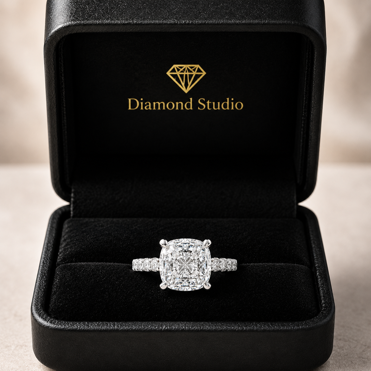 Karina 3.3 Carat Cushion Cut Pave 6 Prong Engagement Ring