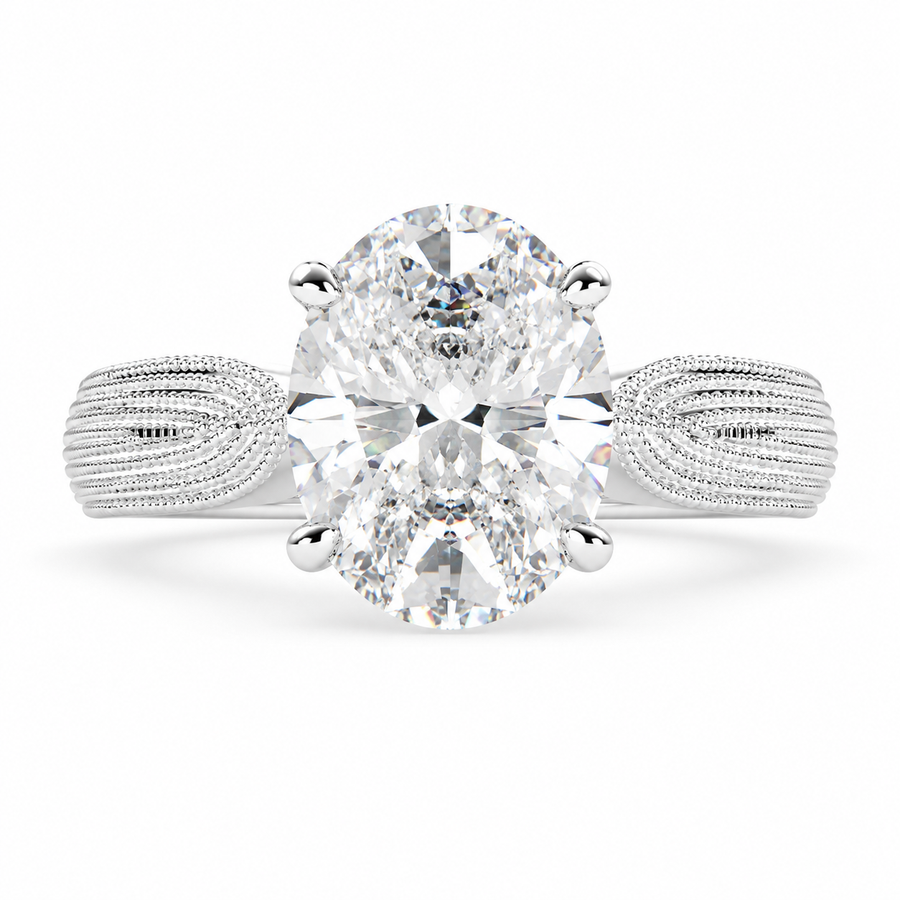 Valentina 4 Carat Oval Cut Solitaire Tapered Milgrain Engagement Ring