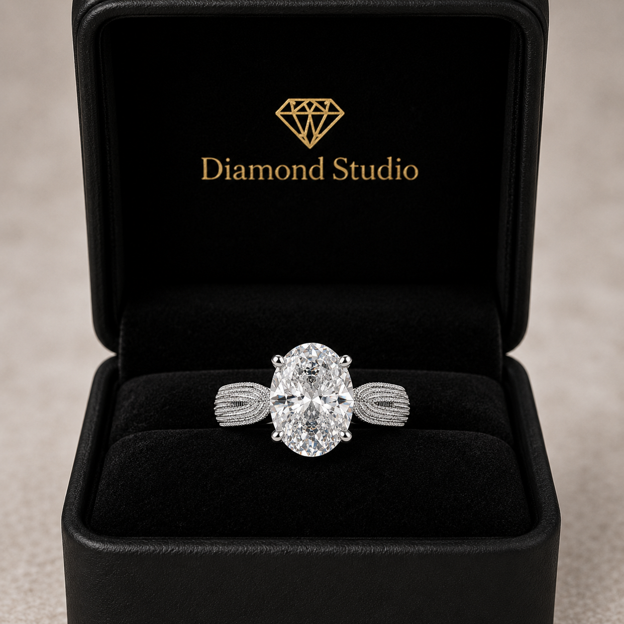 Valentina 4 Carat Oval Cut Solitaire Tapered Milgrain Engagement Ring