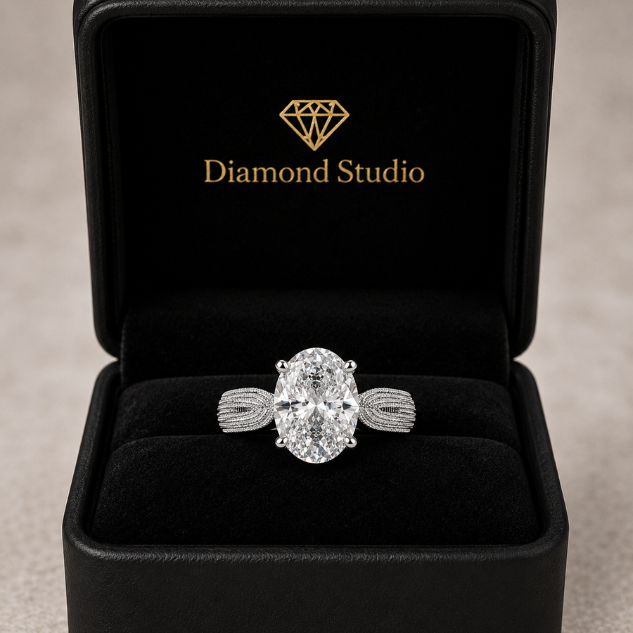 Valentina 4 Carat Oval Cut Solitaire Tapered Milgrain Engagement Ring