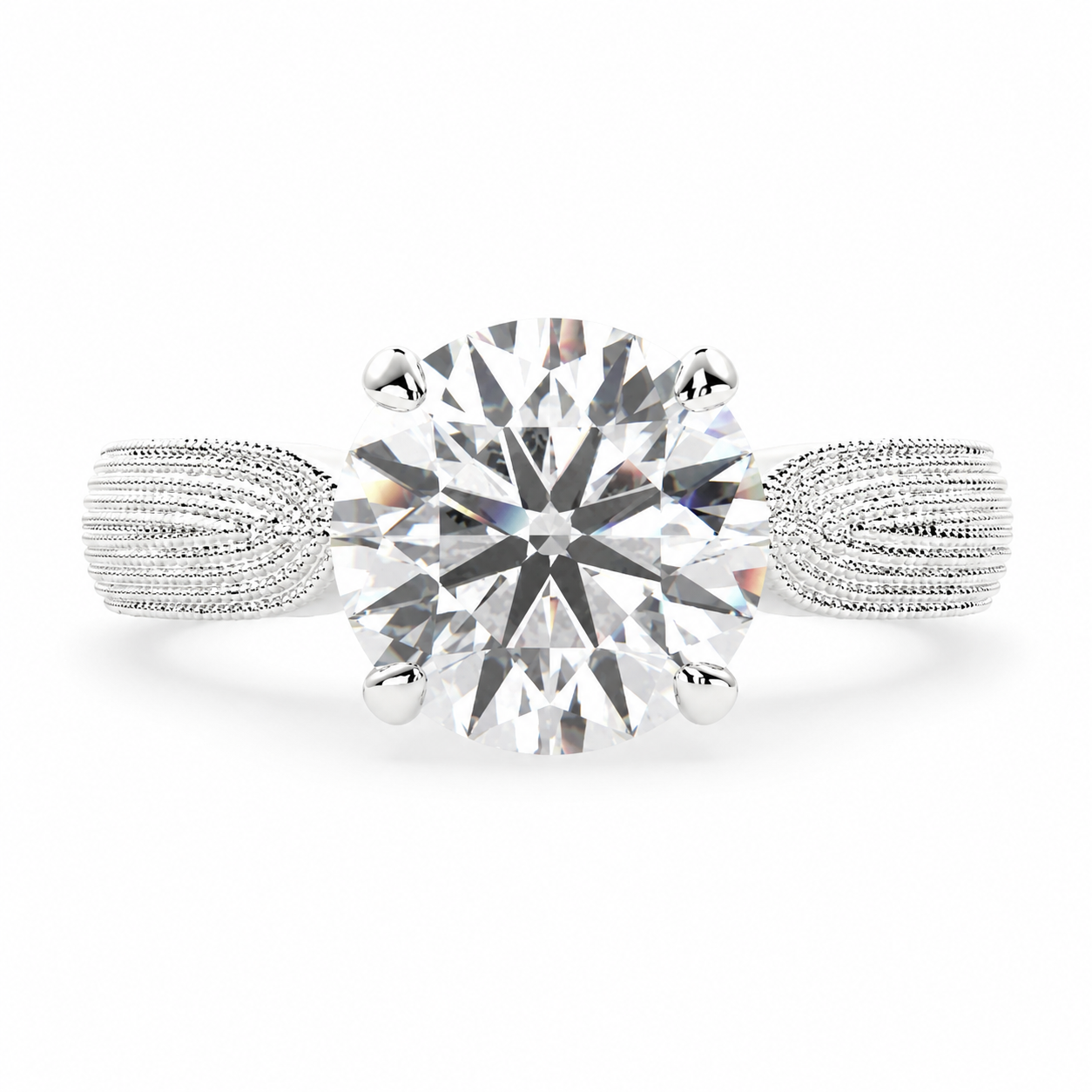 Valentina 4 Carat Round Cut Solitaire Tapered Milgrain Engagement Ring