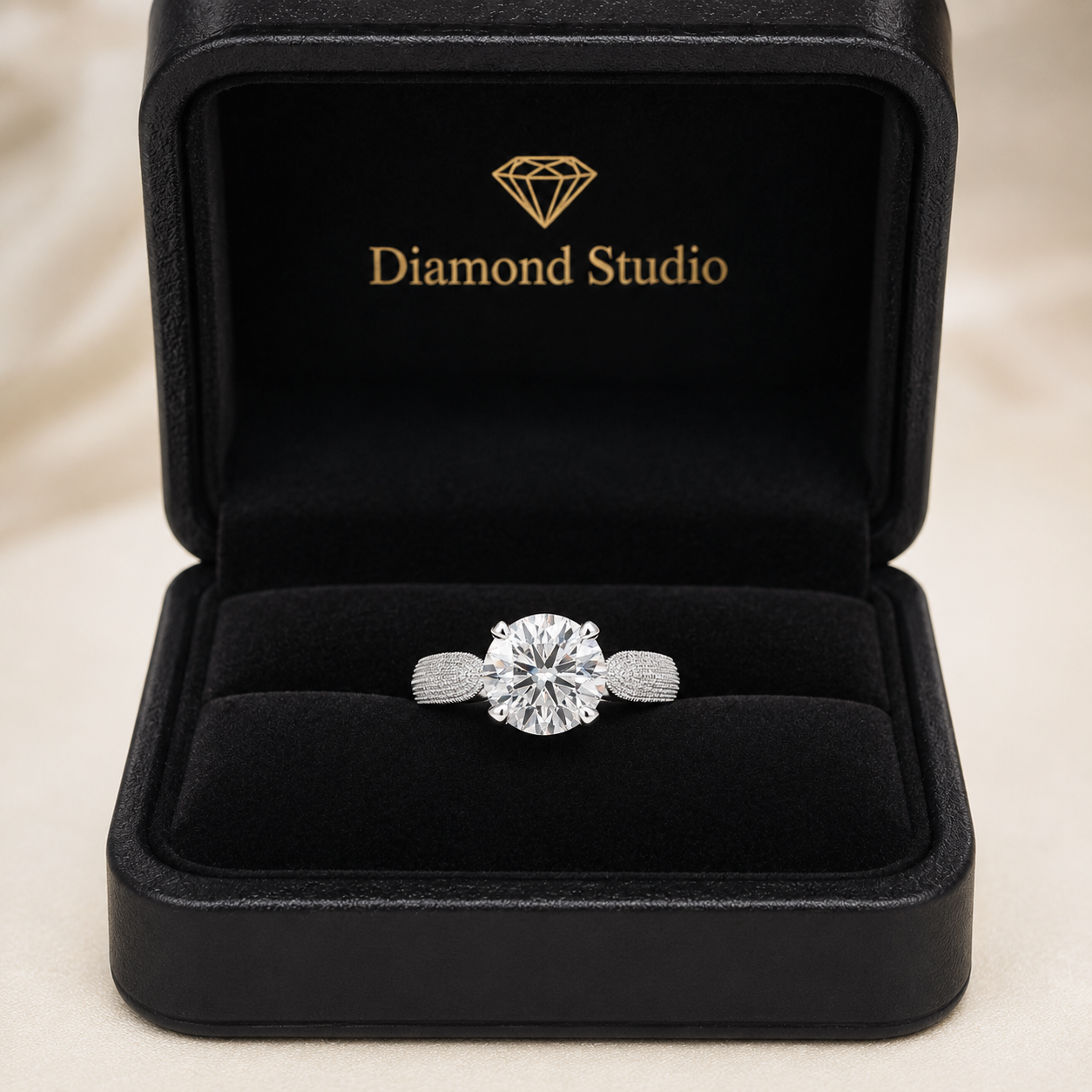 Valentina 4 Carat Round Cut Solitaire Tapered Milgrain Engagement Ring