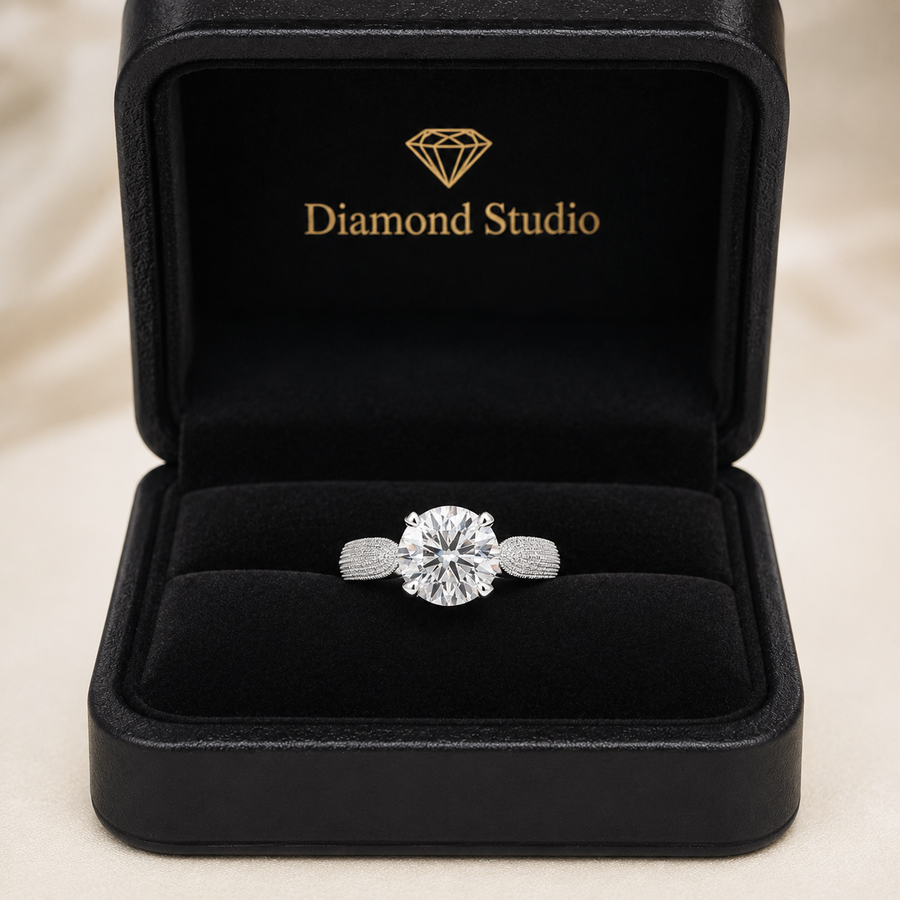 Valentina 1 Carat Round Cut Solitaire Tapered Milgrain Engagement Ring