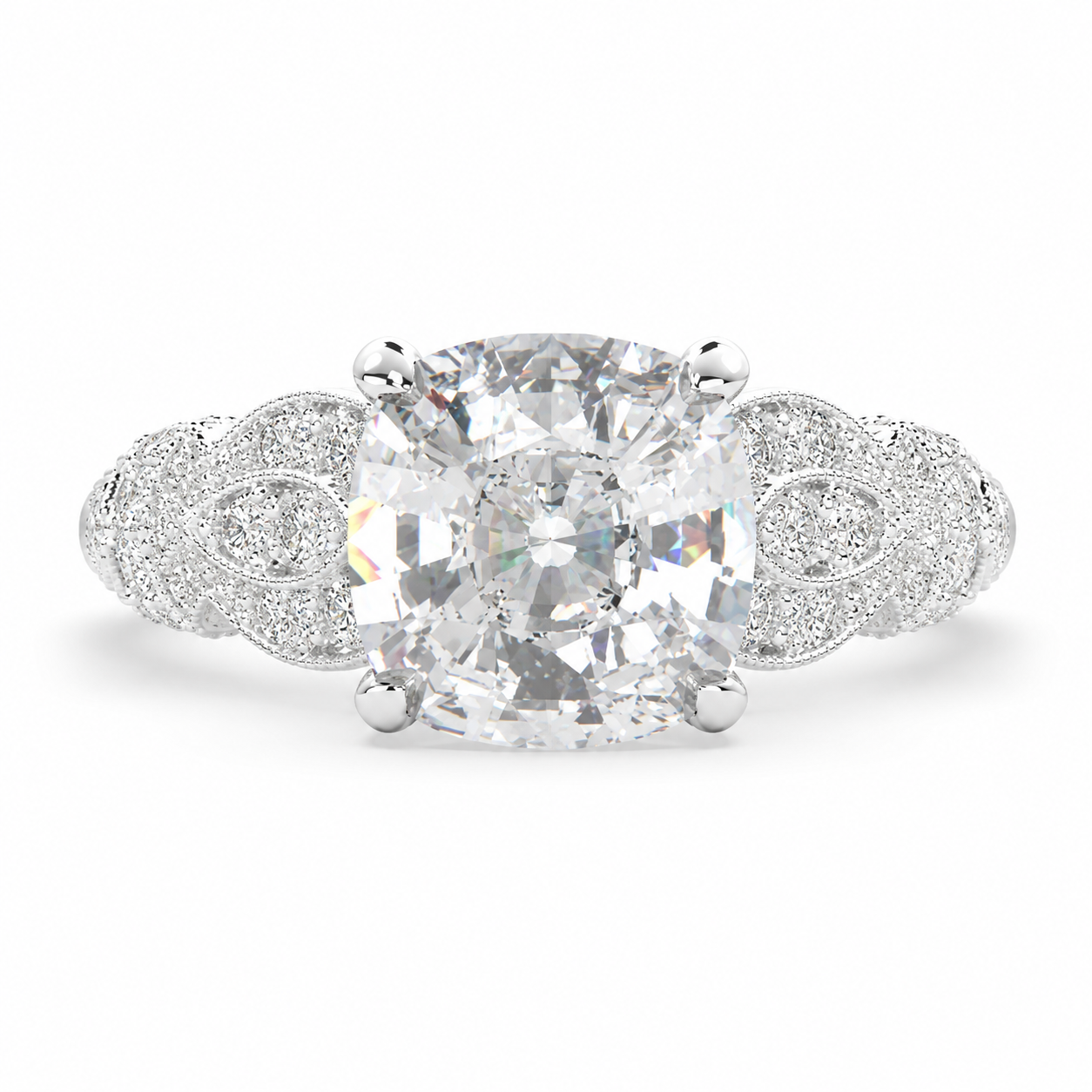 Nadia 3.15 Carat Cushion Cut Pave Milgrain Engagement Ring