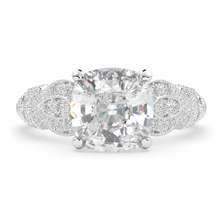 Nadia 3.15 Carat Cushion Cut Pave Milgrain Engagement Ring