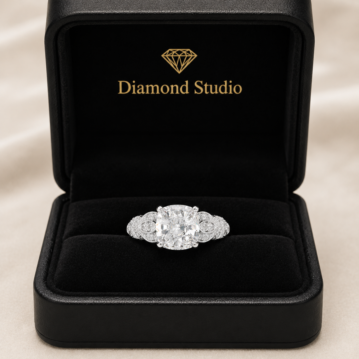Nadia 3.15 Carat Cushion Cut Pave Milgrain Engagement Ring