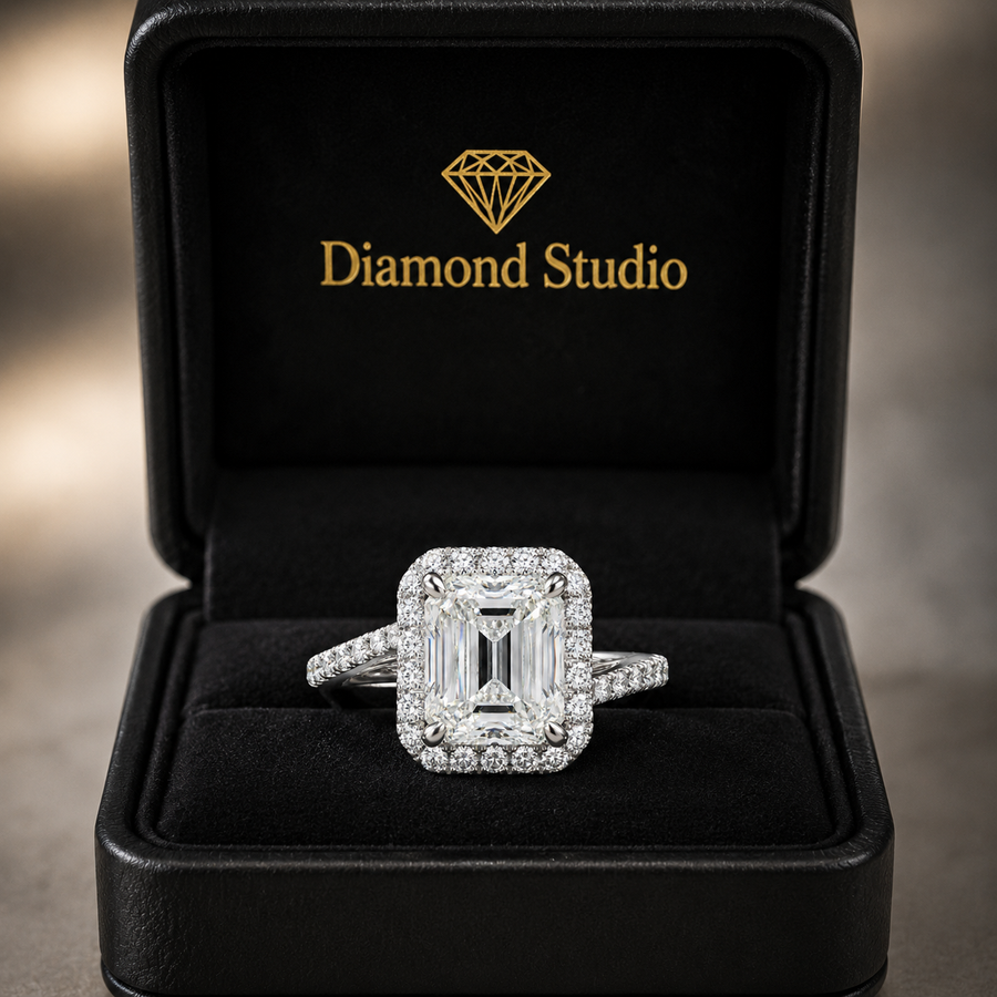 Paloma 4.35 Carat Emerald Cut Pave Halo Engagement Ring