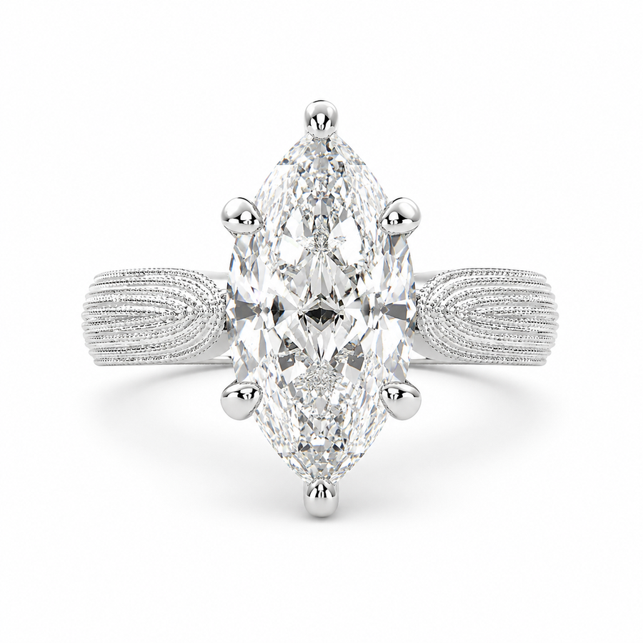 Valentina 3 Carat Marquise Cut Solitaire Tapered Milgrain Engagement Ring