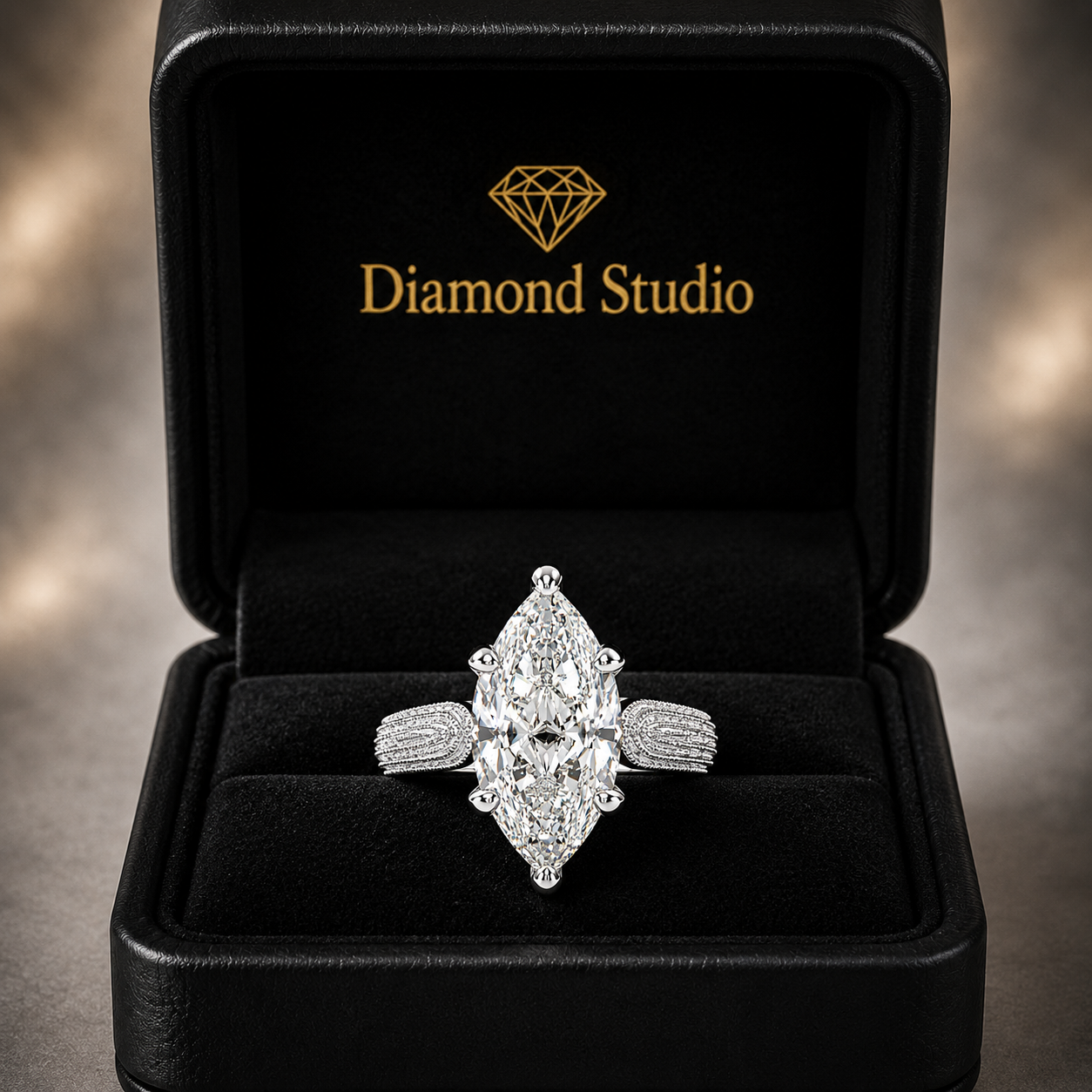 Valentina 1 Carat Marquise Cut Solitaire Tapered Milgrain Engagement Ring