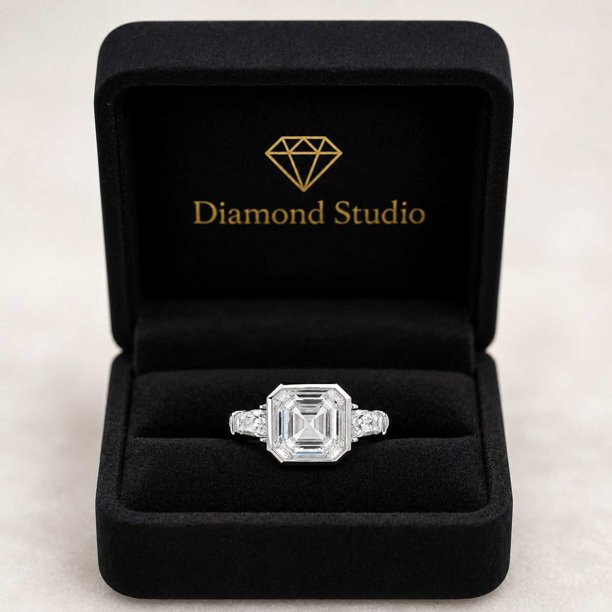 Emilia 2.5 Carat Emerald Cut Trilogy 3 Stone Engagement Ring