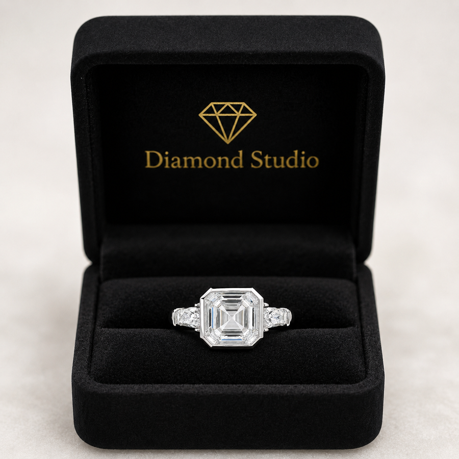 Emilia 2.5 Carat Emerald Cut Trilogy 3 Stone Engagement Ring