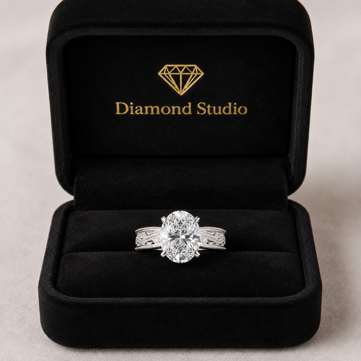 Sabrina 3 Carat Oval Cut Solitaire Hand Engraved Milgrain Engagement Ring
