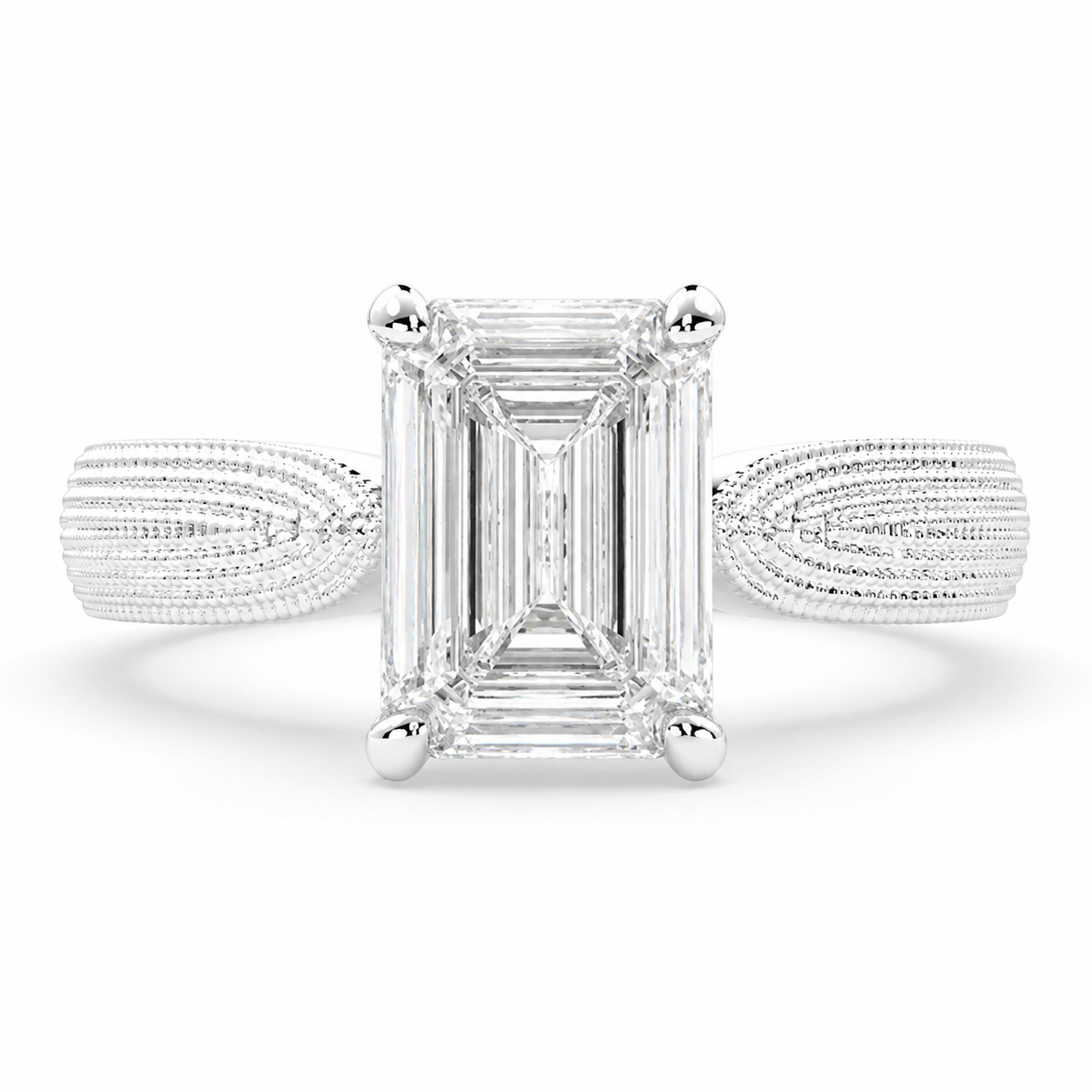 Valentina 2 Carat Emerald Cut Solitaire Tapered Milgrain Engagement Ring