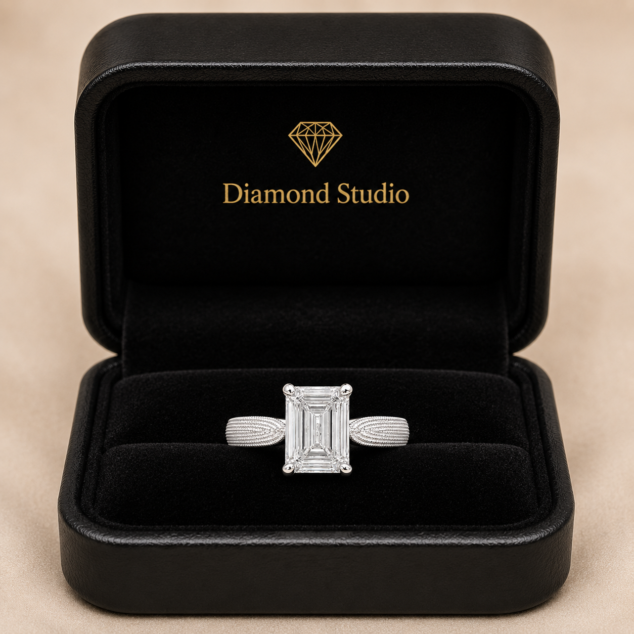 Valentina 2 Carat Emerald Cut Solitaire Tapered Milgrain Engagement Ring