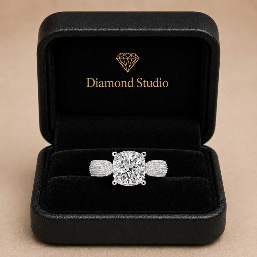 Valentina 3 Carat Cushion Cut Solitaire Tapered Milgrain Engagement Ring