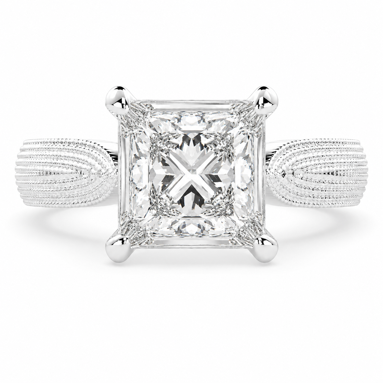 Valentina 3 Carat Princess Cut Solitaire Tapered Milgrain Engagement Ring