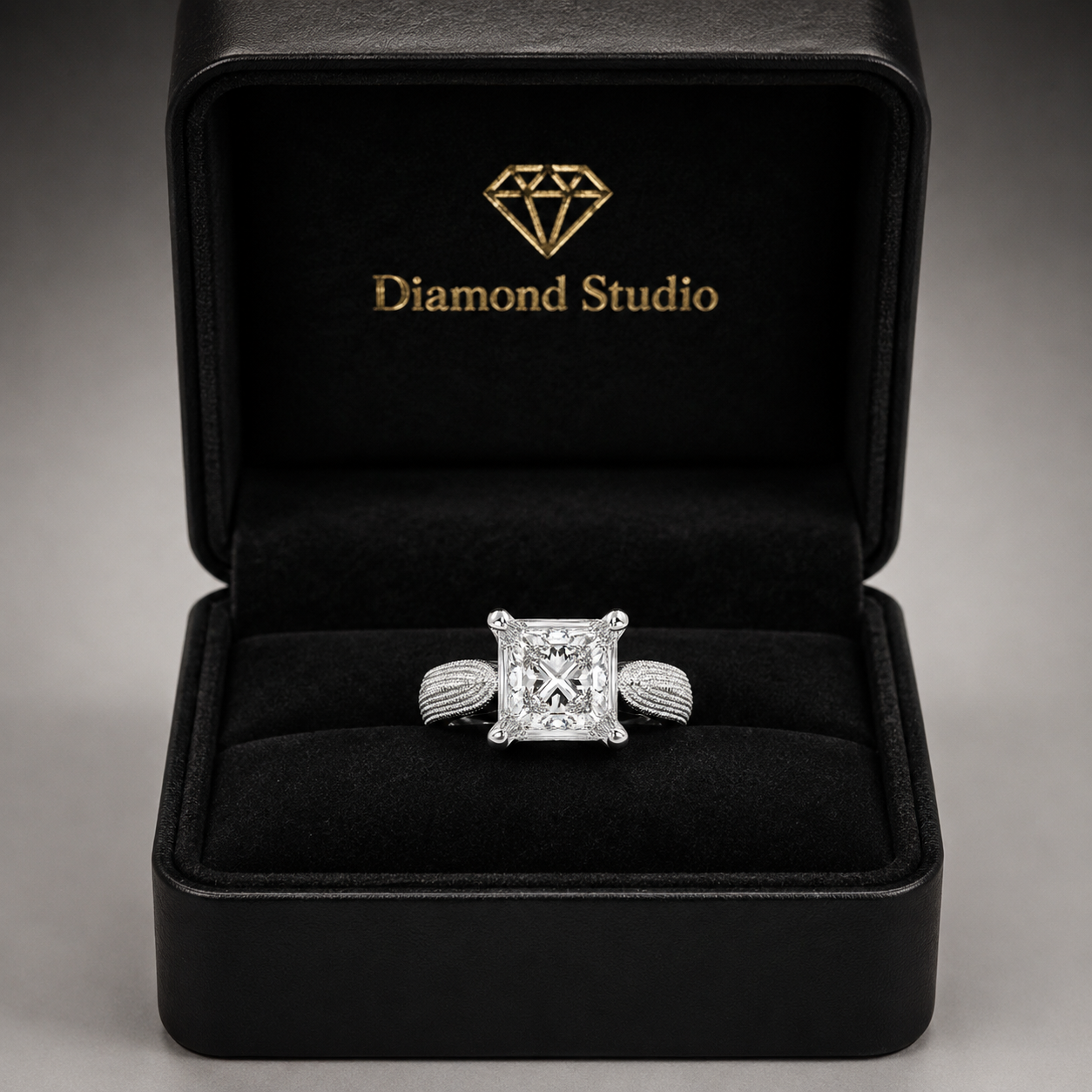 Valentina 3 Carat Princess Cut Solitaire Tapered Milgrain Engagement Ring