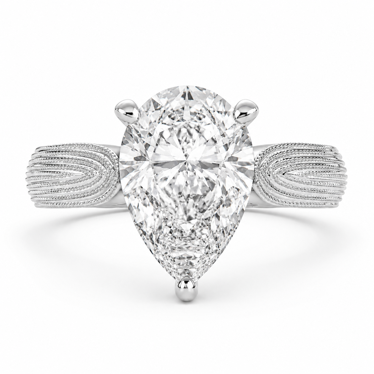 Valentina 3 Carat Pear Cut Solitaire Tapered Milgrain Engagement Ring