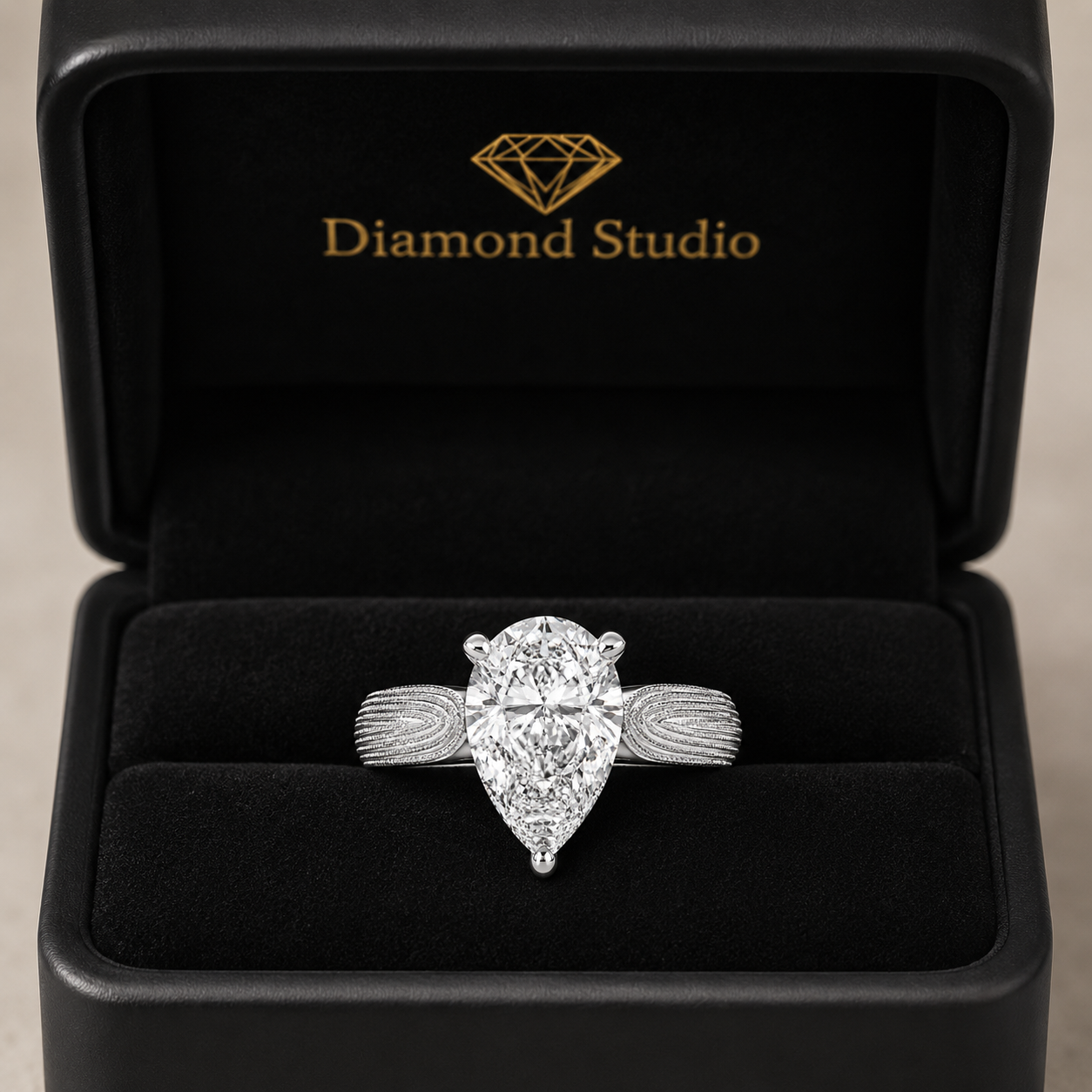 Valentina 3 Carat Pear Cut Solitaire Tapered Milgrain Engagement Ring