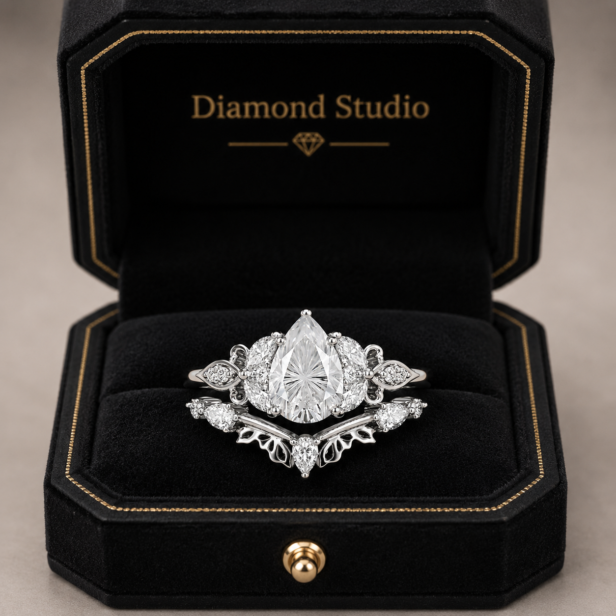 3.00 CT Pear Lab-Grown Diamond Butterfly Halo 2PCS Bridal Set in 14K White Gold – Marquise Cluster Vine Wedding Ring Design