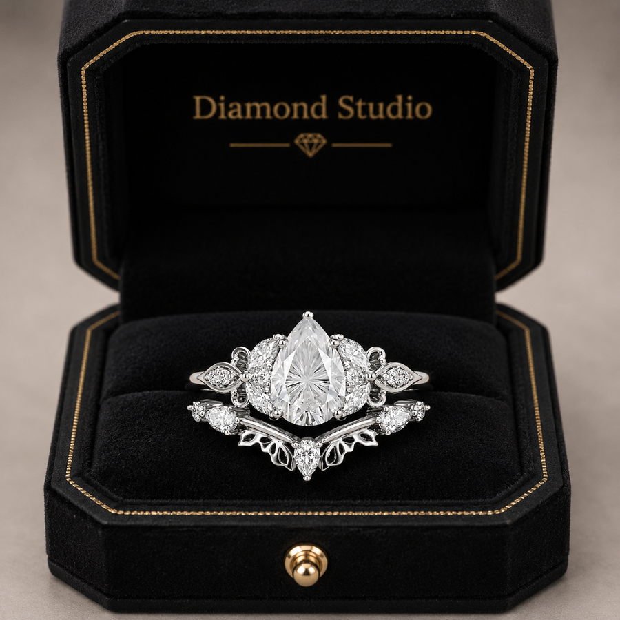 3.00 CT Pear Lab-Grown Diamond Butterfly Halo 2PCS Bridal Set in 14K White Gold – Marquise Cluster Vine Wedding Ring Design