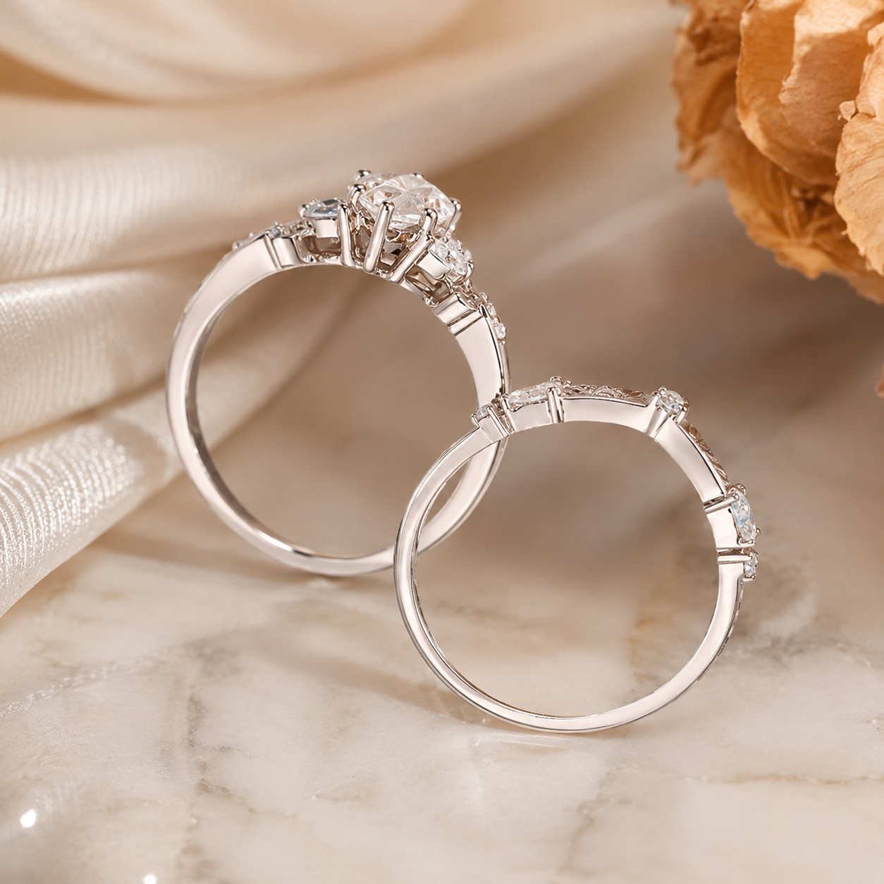 3.00 CT Pear Lab-Grown Diamond Butterfly Halo 2PCS Bridal Set in 14K White Gold – Marquise Cluster Vine Wedding Ring Design