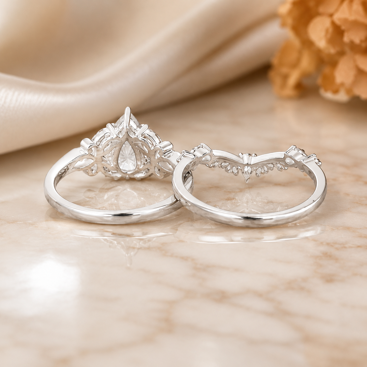 3.00 CT Pear Lab-Grown Diamond Butterfly Halo 2PCS Bridal Set in 14K White Gold – Marquise Cluster Vine Wedding Ring Design