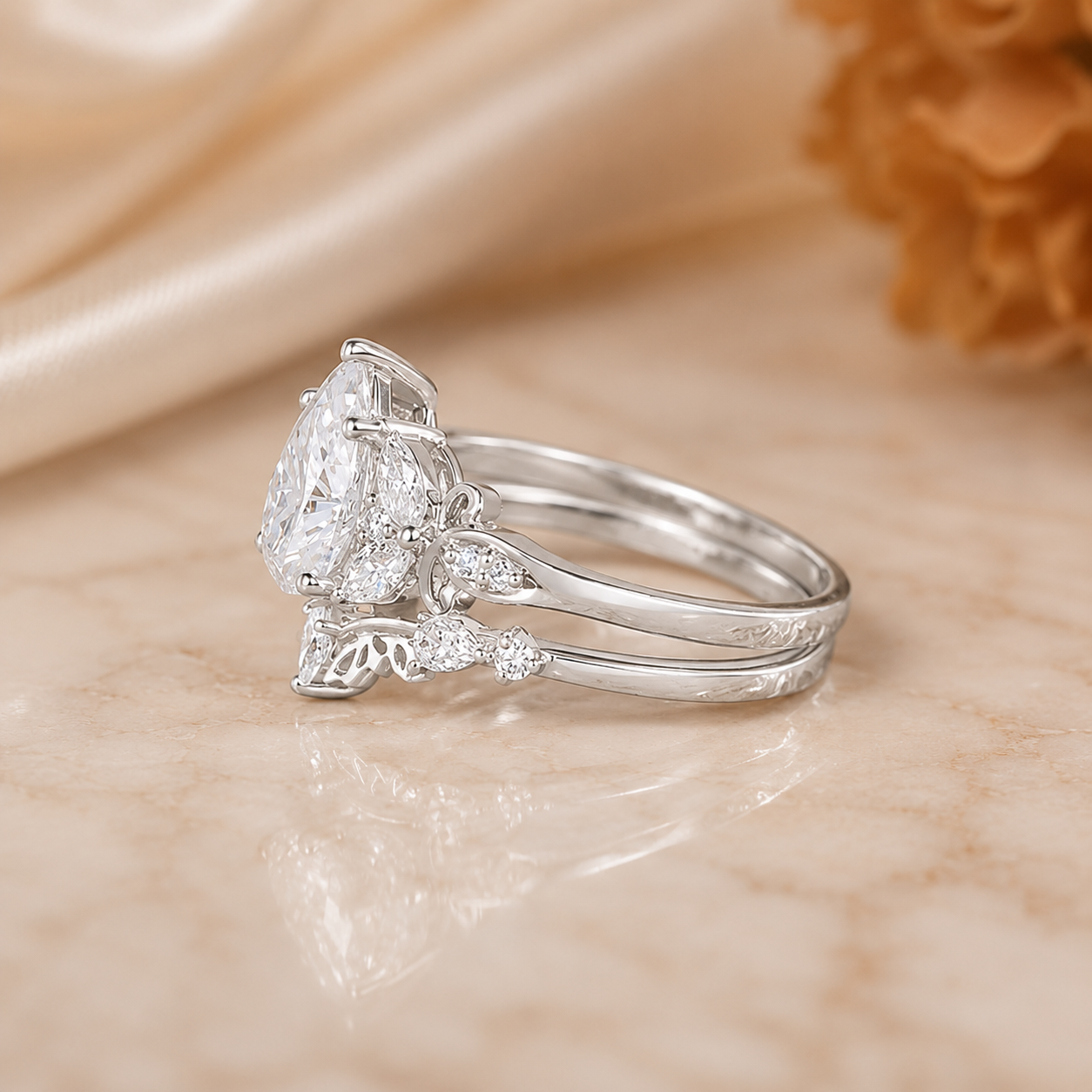 3.00 CT Pear Lab-Grown Diamond Butterfly Halo 2PCS Bridal Set in 14K White Gold – Marquise Cluster Vine Wedding Ring Design