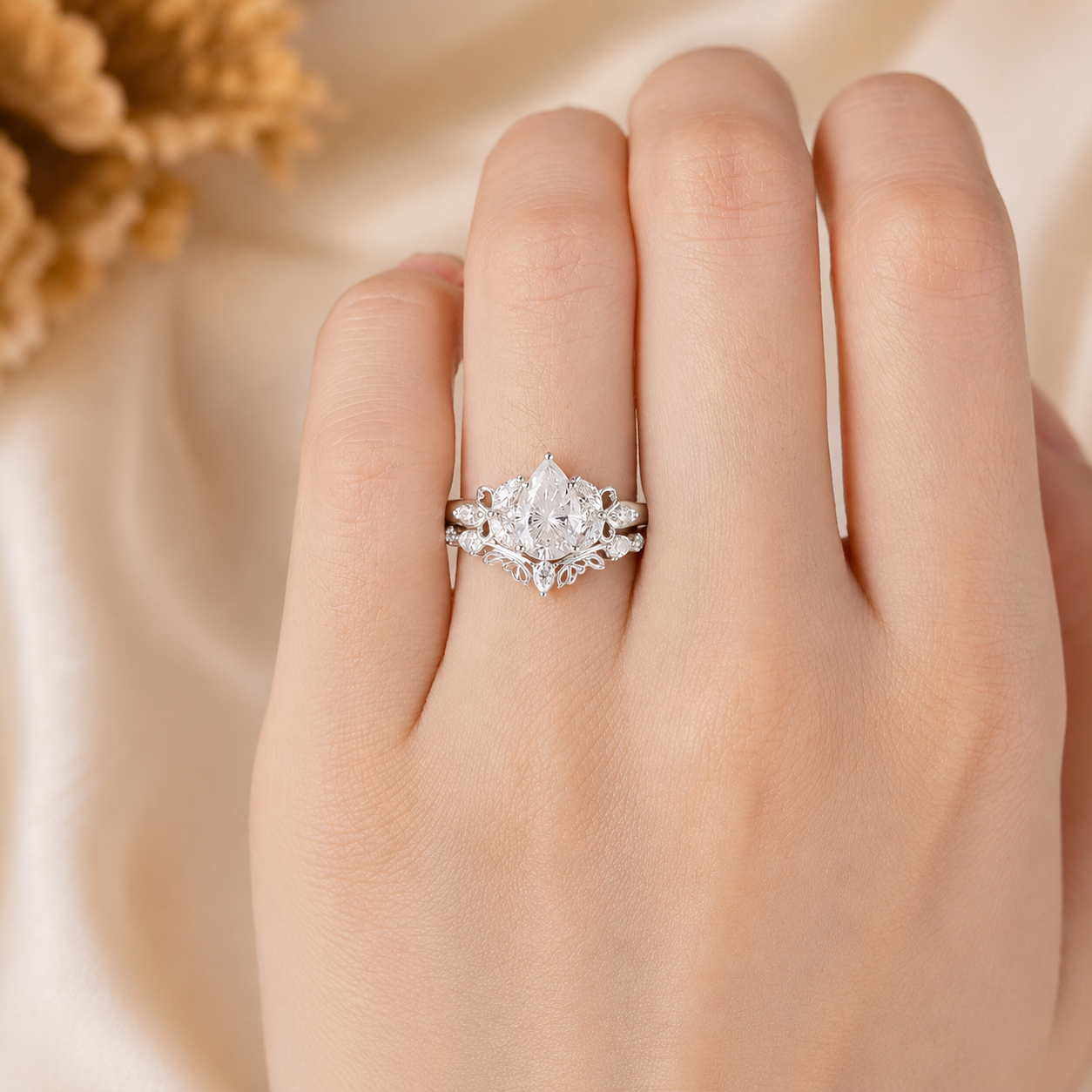 3.00 CT Pear Lab-Grown Diamond Butterfly Halo 2PCS Bridal Set in 14K White Gold – Marquise Cluster Vine Wedding Ring Design