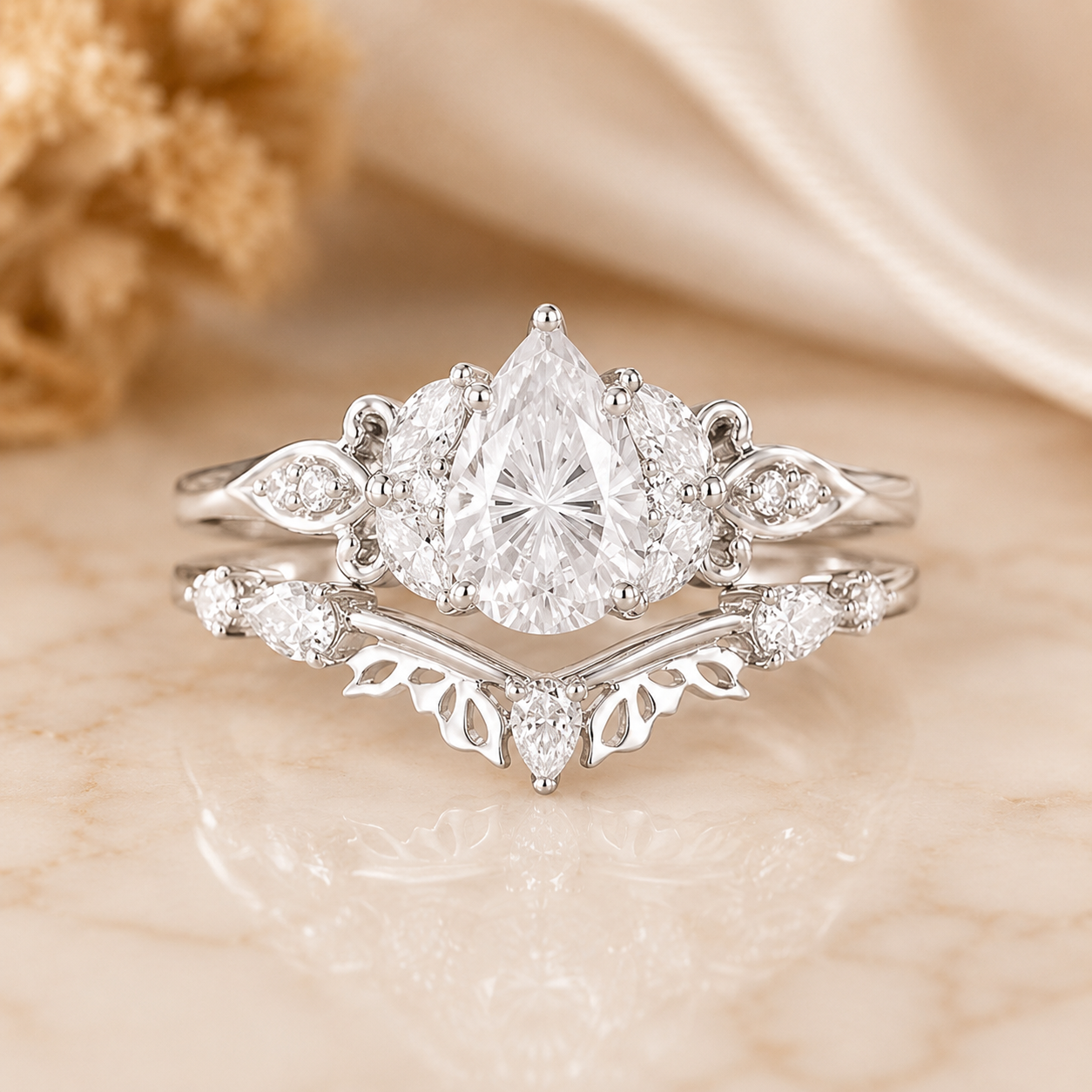 3.00 CT Pear Lab-Grown Diamond Butterfly Halo 2PCS Bridal Set in 14K White Gold – Marquise Cluster Vine Wedding Ring Design