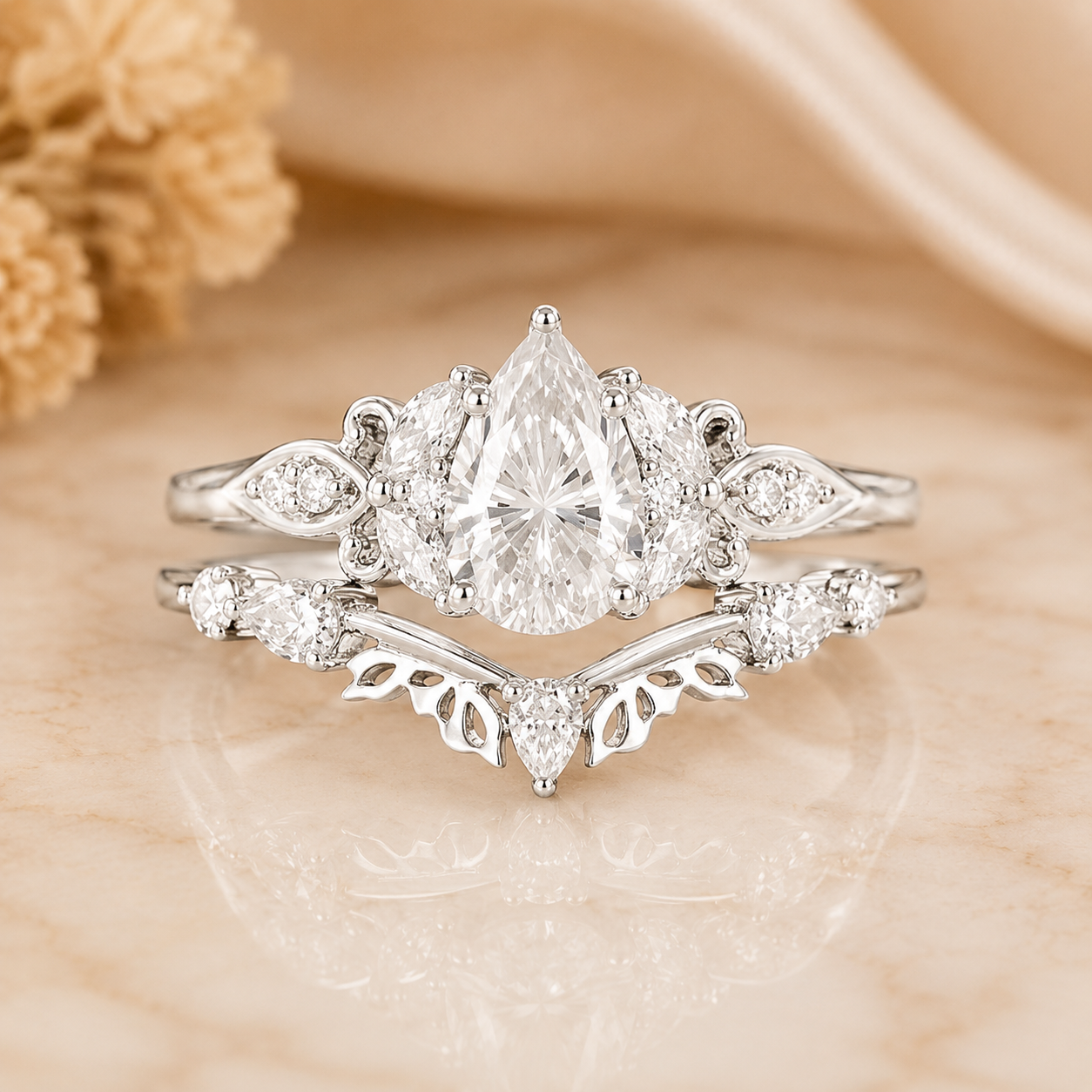 3.00 CT Pear Lab-Grown Diamond Butterfly Halo 2PCS Bridal Set in 14K White Gold – Marquise Cluster Vine Wedding Ring Design