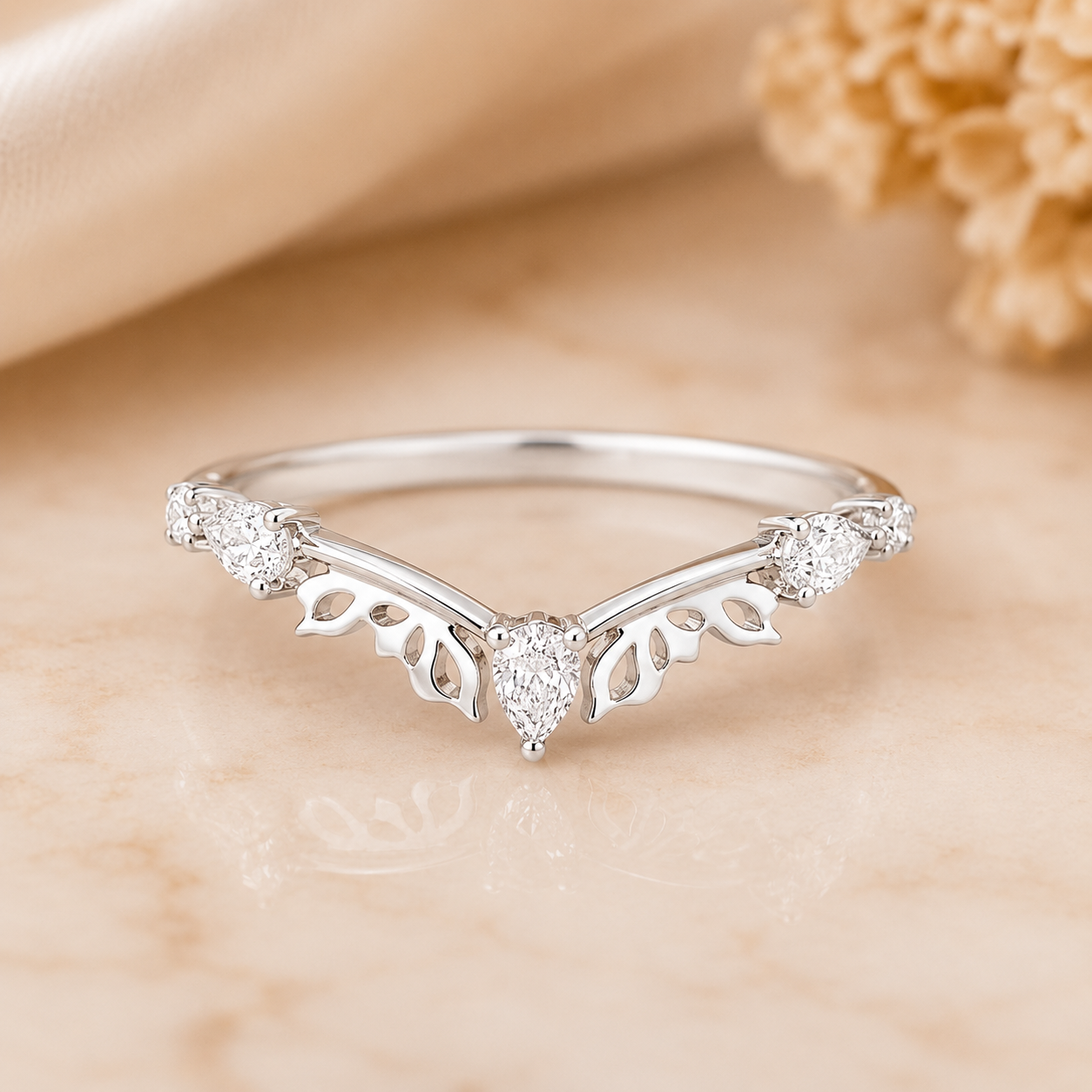 3.00 CT Pear Lab-Grown Diamond Butterfly Halo 2PCS Bridal Set in 14K White Gold – Marquise Cluster Vine Wedding Ring Design