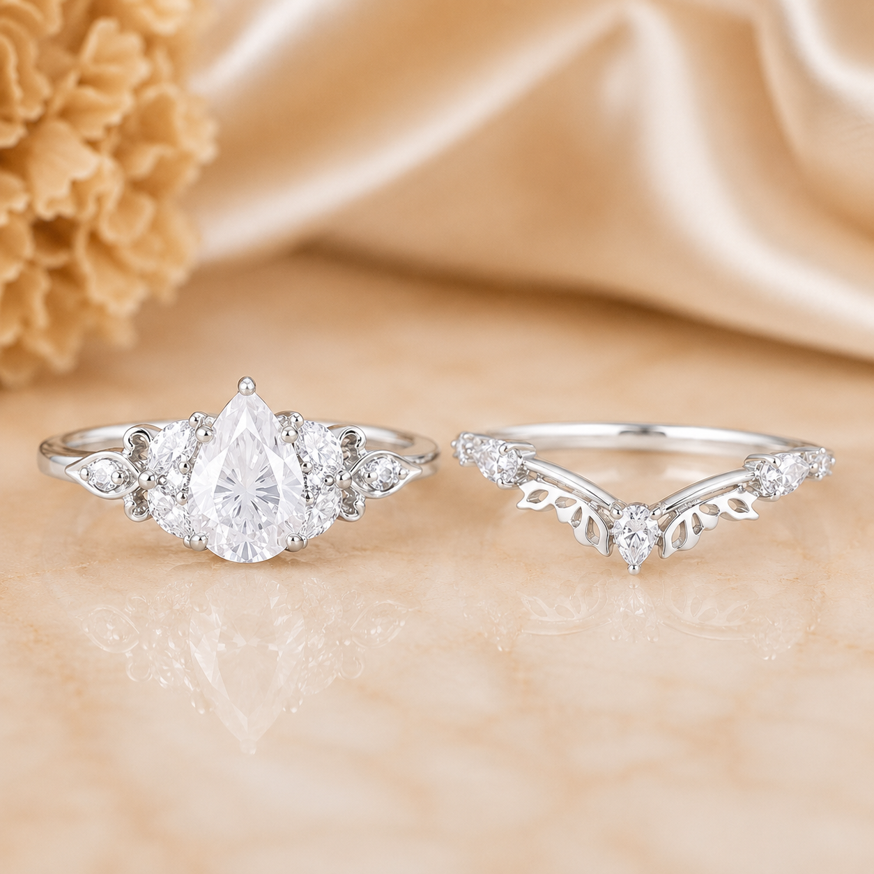 3.00 CT Pear Lab-Grown Diamond Butterfly Halo 2PCS Bridal Set in 14K White Gold – Marquise Cluster Vine Wedding Ring Design