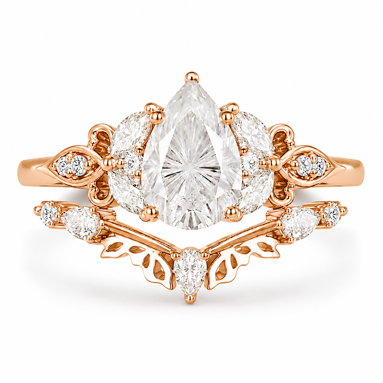 3.00 CT Pear Lab-Grown Diamond Butterfly Halo 2PCS Bridal Set in 14K White Gold – Marquise Cluster Vine Wedding Ring Design