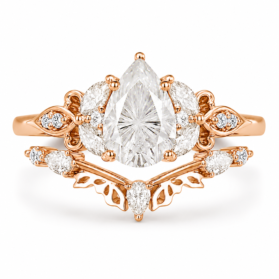 3.00 CT Pear Lab-Grown Diamond Butterfly Halo 2PCS Bridal Set in 14K White Gold – Marquise Cluster Vine Wedding Ring Design