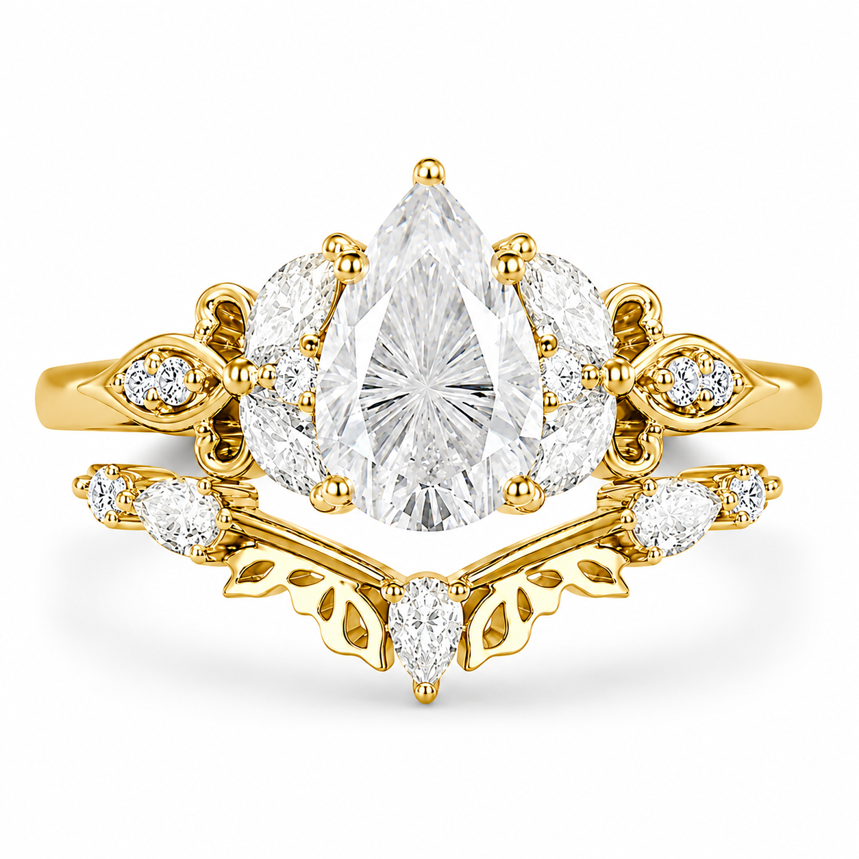 3.00 CT Pear Lab-Grown Diamond Butterfly Halo 2PCS Bridal Set in 14K White Gold – Marquise Cluster Vine Wedding Ring Design
