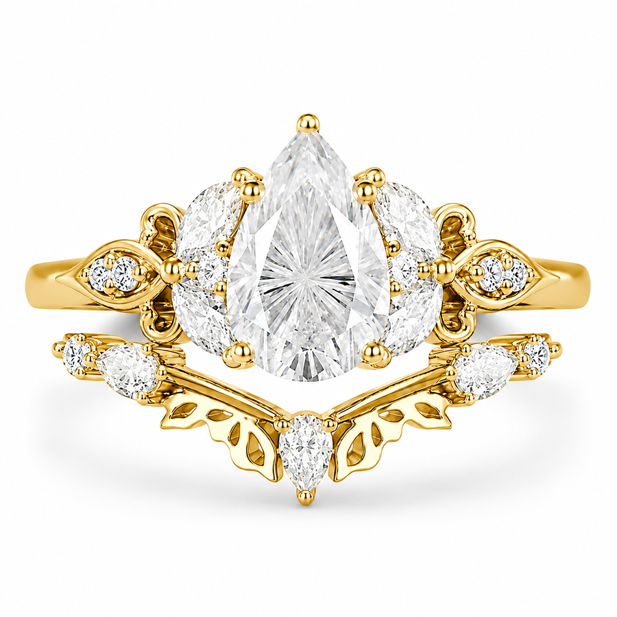 3.00 CT Pear Lab-Grown Diamond Butterfly Halo 2PCS Bridal Set in 14K White Gold – Marquise Cluster Vine Wedding Ring Design