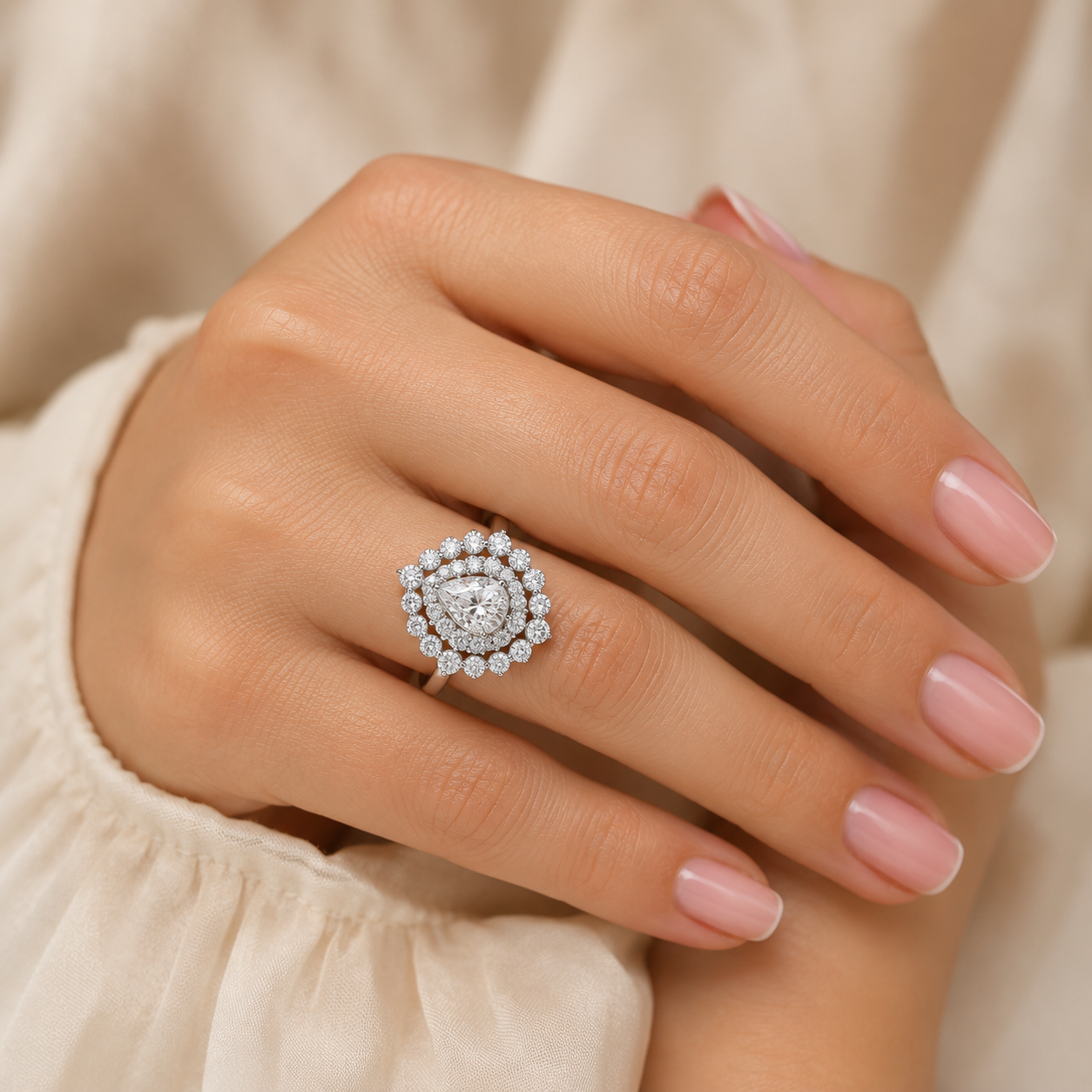 3.00 CT Pear Cut Lab-Grown Diamond Double Halo Engagement Ring in 14K White Gold