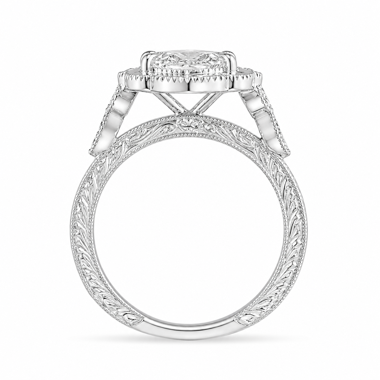 3.41 CT Vintage Marquise Cut Lab-Grown Diamond Engagement Ring in 14K White Gold – Hand-Engraved Victorian Style