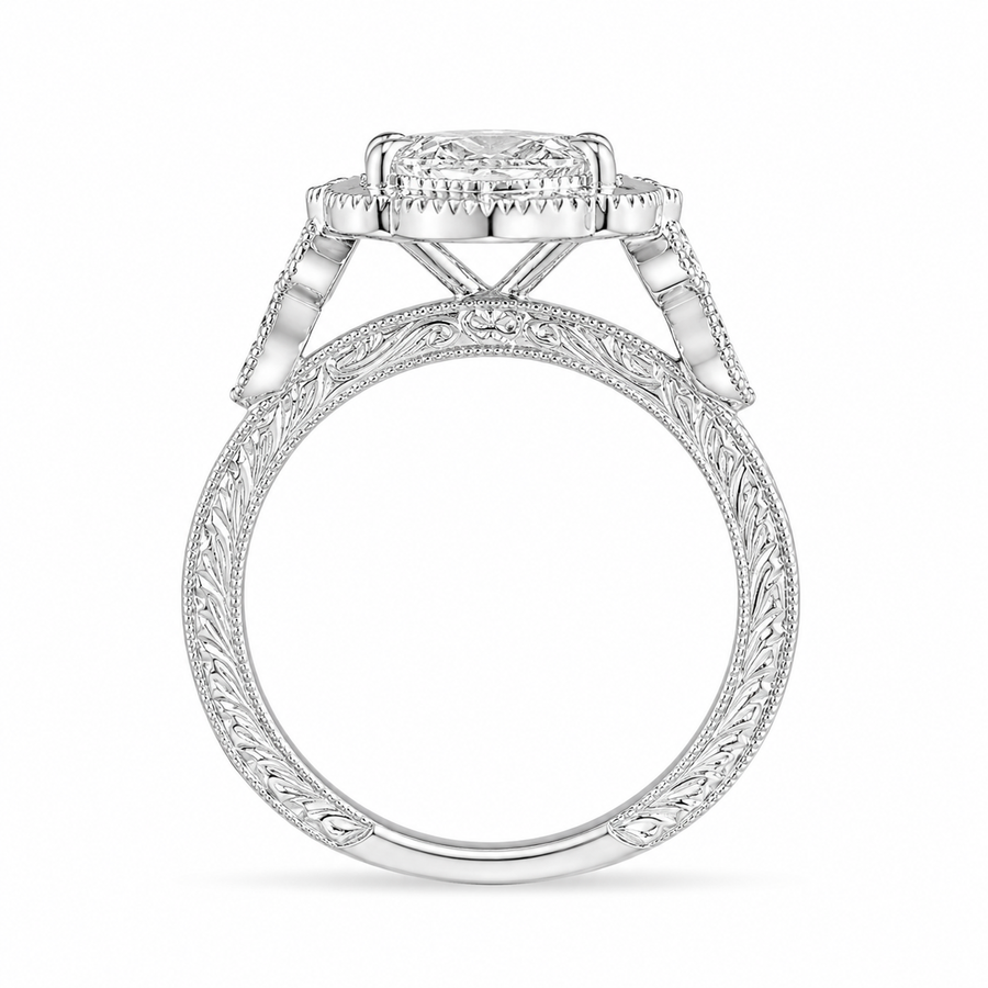 3.41 CT Vintage Marquise Cut Lab-Grown Diamond Engagement Ring in 14K White Gold – Hand-Engraved Victorian Style