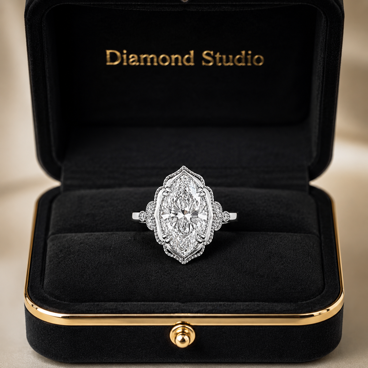 3.41 CT Vintage Marquise Cut Lab-Grown Diamond Engagement Ring in 14K White Gold – Hand-Engraved Victorian Style