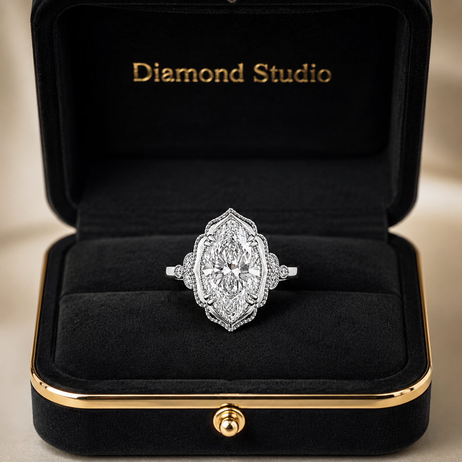 3.41 CT Vintage Marquise Cut Lab-Grown Diamond Engagement Ring in 14K White Gold – Hand-Engraved Victorian Style